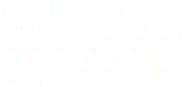 FAKTUM GALAN 2014
Stopmotion animations for the live Faktum Gala 2014. Everything done by hand, over 6000 images compiled in to hundreds of cues, loops and tails, so that you could run the whole show seamless. 